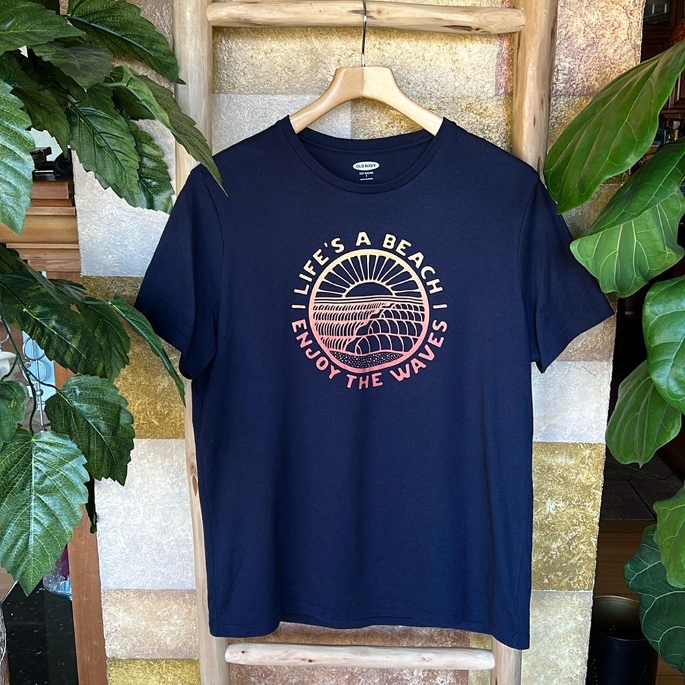 Old Navy Boys Beach Navy Blue Scoop Neck Graphic T-Shirt, Size Large